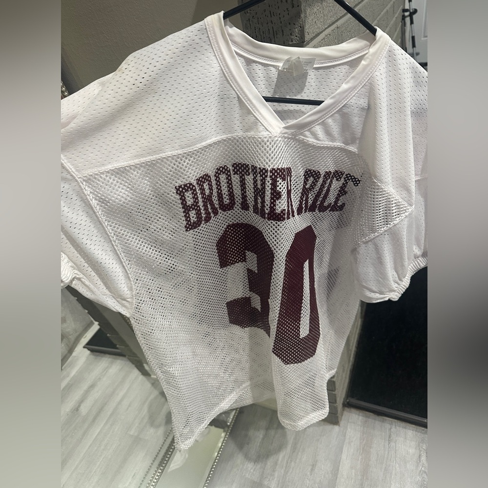 White Mesh Brother rice Sports Jersey with Maroon Print